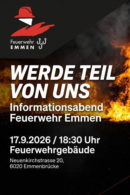 Lerne die Feuerwehr Emmen 🚒 kennen! An unserem Informationsabend erfährst du, was es bedeutet, Feuerwehrfrau oder Feuerwehrmann zu sein. Unverbindlich, persönlich und aus erster Hand 👨‍🚒.
